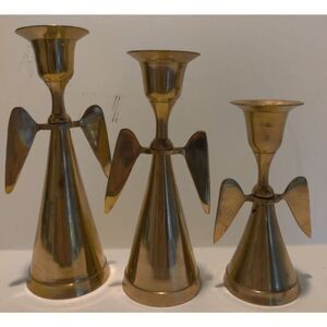 Set of 3 Vintage Solid Brass‎ Goldtone Angel Wing Candle Holders 3.5"-5.5"